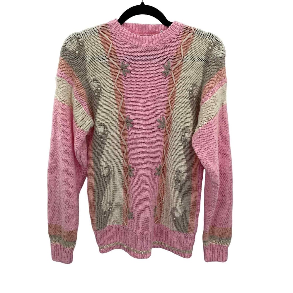 Vintage 80s Mister Noah Coquette Sweater Small Pink Acrylic‎ Pearl Embellished